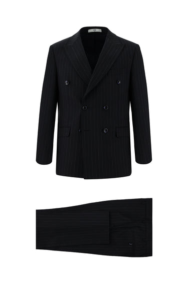 Koyu Lacivert Regular Fit Yünlü Çizgili Kruvaze Takım Elbise