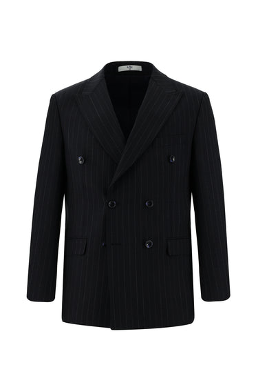 Koyu Lacivert Regular Fit Yünlü Çizgili Kruvaze Takım Elbise