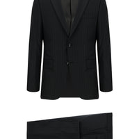 Siyah Slim Fit Dar Kesim Yünlü Çizgili Klasik Takım Elbise