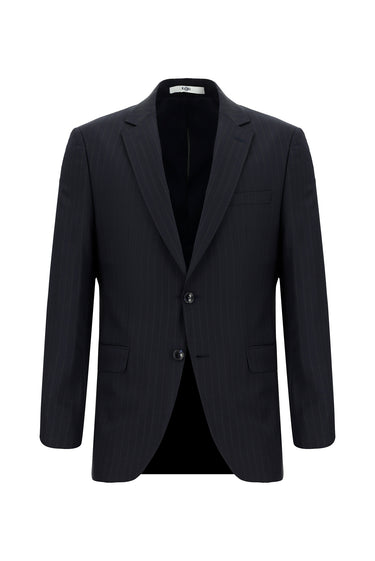 Siyah Lacivert Super Slim Fit Ekstra Dar Kesim Yünlü Çizgili Klasik Takım Elbise