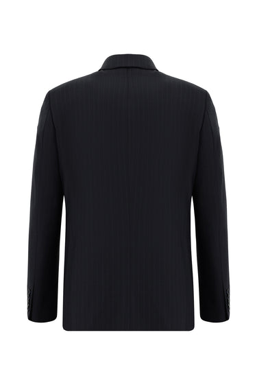 Siyah Lacivert Super Slim Fit Ekstra Dar Kesim Yünlü Çizgili Klasik Takım Elbise