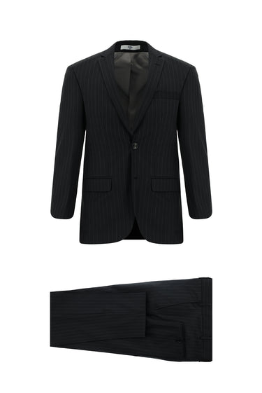 Siyah Super Slim Fit Ekstra Dar Kesim Yünlü Klasik Çizgili Takım Elbise