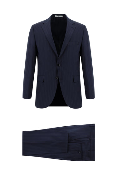 Koyu Lacivert Super Slim Fit Ekstra Dar Kesim Yünlü Klasik Çizgili Takım Elbise