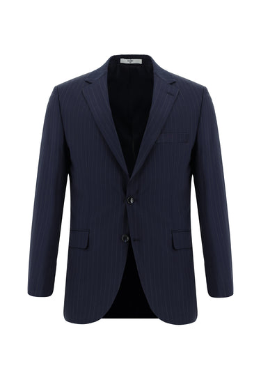 Koyu Lacivert Slim Fit Dar Kesim Yünlü Klasik Çizgili Takım Elbise