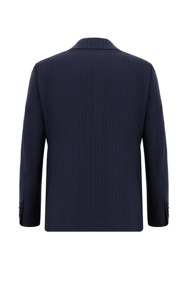 Koyu Lacivert Slim Fit Dar Kesim Yünlü Klasik Çizgili Takım Elbise