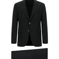 Siyah Slim Fit Dar Kesim Yünlü Klasik Çizgili Takım Elbise