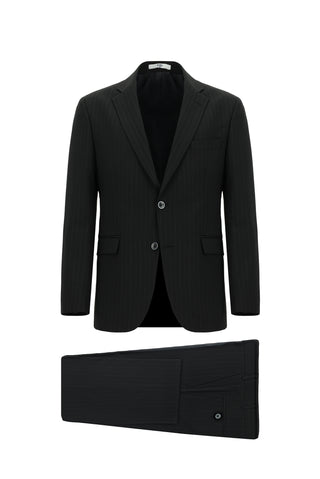 Siyah 7 Drop Slim Fit Dar Kesim Yünlü Çizgili Takım Elbise