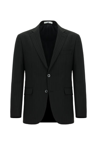 Siyah 7 Drop Slim Fit Dar Kesim Yünlü Çizgili Takım Elbise