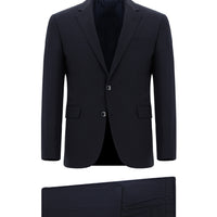 Koyu Lacivert Slim Fit Dar Kesim Yünlü Klasik Çizgili Takım Elbise