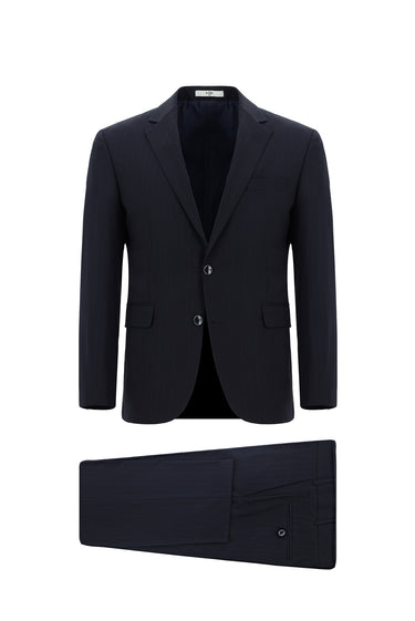 Koyu Lacivert Slim Fit Dar Kesim Yünlü Klasik Çizgili Takım Elbise