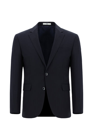 Koyu Lacivert Slim Fit Dar Kesim Yünlü Klasik Çizgili Takım Elbise