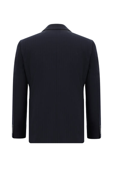 Koyu Lacivert Slim Fit Dar Kesim Yünlü Klasik Çizgili Takım Elbise