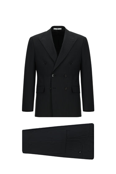 Siyah Slim Fit Dar Kesim Çizgili Yünlü Kruvaze Takım Elbise