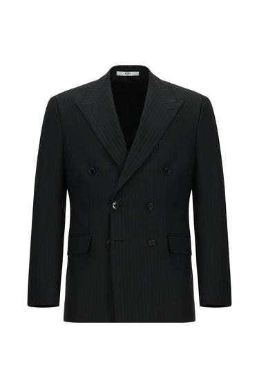 Siyah Slim Fit Dar Kesim Çizgili Yünlü Kruvaze Takım Elbise