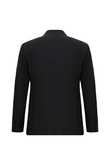 Siyah Slim Fit Dar Kesim Çizgili Yünlü Kruvaze Takım Elbise