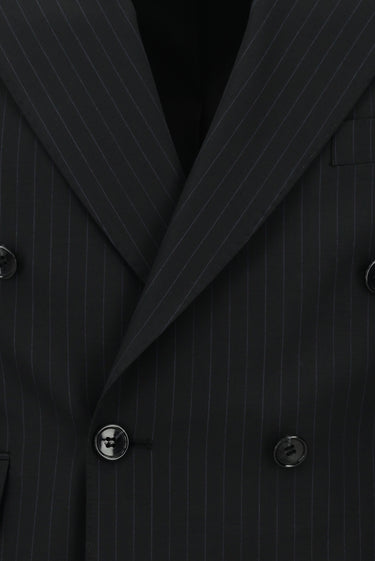 Siyah Slim Fit Dar Kesim Çizgili Yünlü Kruvaze Takım Elbise