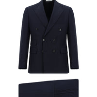Koyu Lacivert 7 Drop Slim Fit Dar Kesim Çizgili Yünlü Kruvaze Takım Elbise