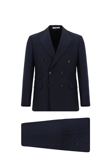 Koyu Lacivert Slim Fit Dar Kesim Çizgili Yünlü Kruvaze Takım Elbise