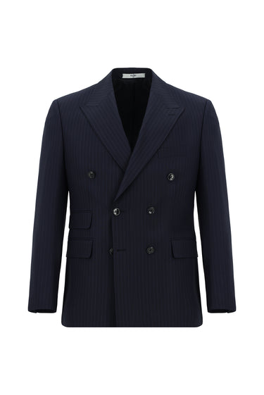 Koyu Lacivert Slim Fit Dar Kesim Çizgili Yünlü Kruvaze Takım Elbise