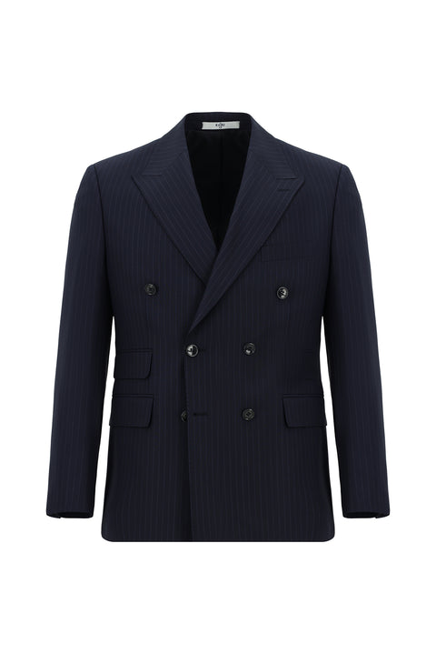 Koyu Lacivert 7 Drop Slim Fit Dar Kesim Çizgili Yünlü Kruvaze Takım Elbise