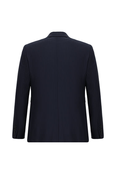 Koyu Lacivert Slim Fit Dar Kesim Çizgili Yünlü Kruvaze Takım Elbise