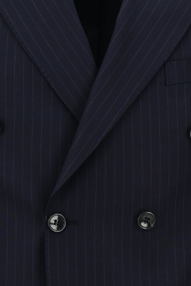 Koyu Lacivert Slim Fit Dar Kesim Çizgili Yünlü Kruvaze Takım Elbise