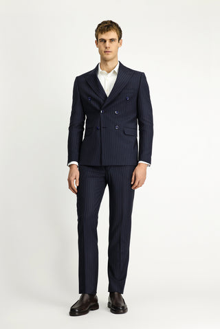 Koyu Lacivert 7 Drop Slim Fit Dar Kesim Çizgili Yünlü Beli Lastikli Kruvaze Takım Elbise