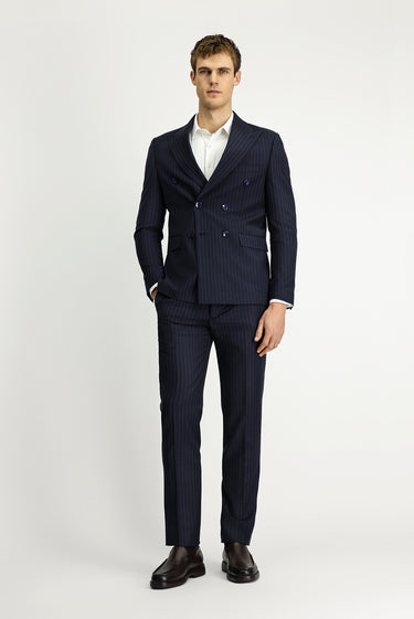 Koyu Lacivert Slim Fit Dar Kesim Çizgili Yünlü Beli Lastikli Kruvaze Takım Elbise