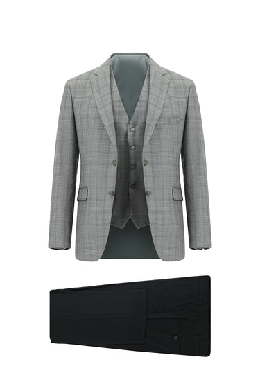 Açık Gri Slim Fit Dar Kesim Kombinli Yelekli Takım Elbise