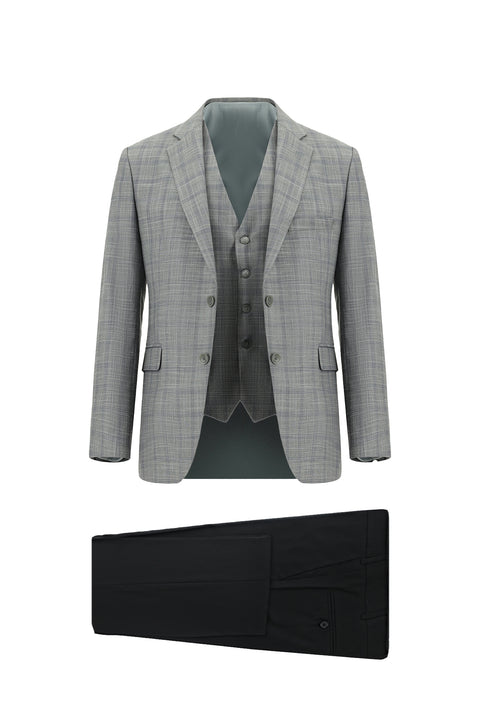 Açık Gri 7 Drop Slim Fit Dar Kesim Kombinli Yelekli Takım Elbise