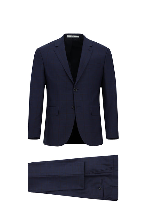 Koyu Lacivert 7 Drop Slim Fit Dar Kesim Kareli Takım Elbise