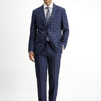 Koyu Lacivert Slim Fit Dar Kesim Kareli Kombinli Takım Elbise