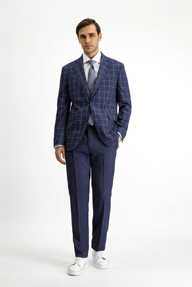 Koyu Lacivert Slim Fit Dar Kesim Kareli Kombinli Takım Elbise