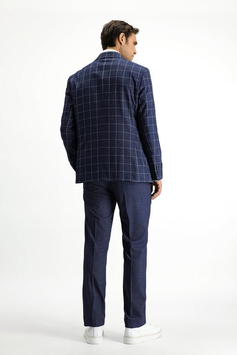 Koyu Lacivert 7 Drop Slim Fit Dar Kesim Kareli Kombinli Takım Elbise