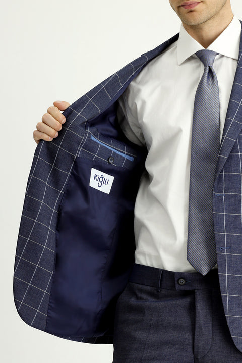 Koyu Lacivert 7 Drop Slim Fit Dar Kesim Kareli Kombinli Takım Elbise