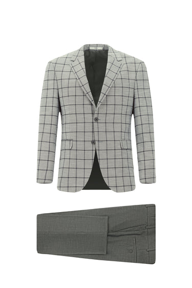 Orta Füme Slim Fit Dar Kesim Kareli Kombinli Takım Elbise