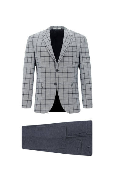 Orta Lacivert Slim Fit Dar Kesim Kareli Kombinli Takım Elbise