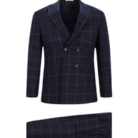 Koyu Lacivert Super Slim Fit Ekstra Dar Kesim Kareli Yünlü Kruvaze Takım Elbise