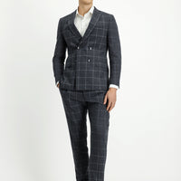Orta Antrasit Super Slim Fit Ekstra Dar Kesim Kareli Yünlü Kruvaze Takım Elbise
