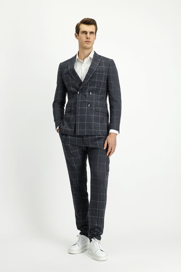 Orta Antrasit Super Slim Fit Ekstra Dar Kesim Kareli Yünlü Kruvaze Takım Elbise