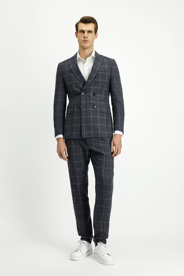 Orta Antrasit Super Slim Fit Ekstra Dar Kesim Kareli Yünlü Kruvaze Takım Elbise