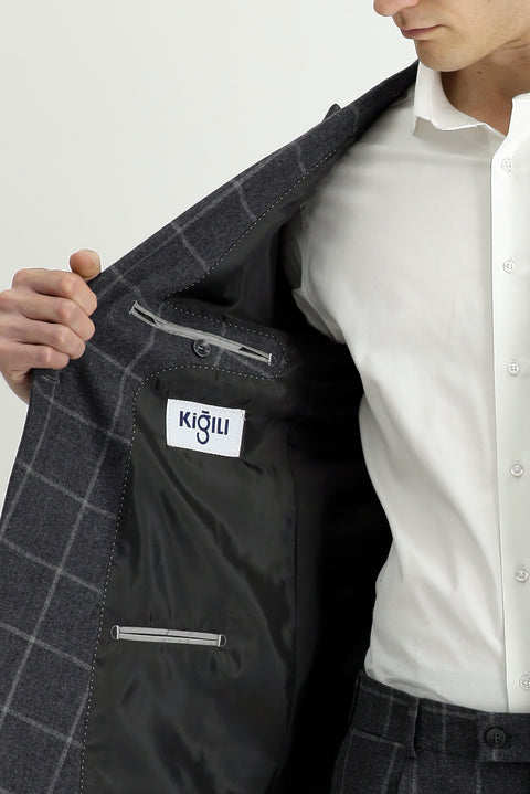 Medium Anthracite 7 Drop Super Slim Fit Extra Narrow Cut Plaid Wool Double-Breasted Suit
