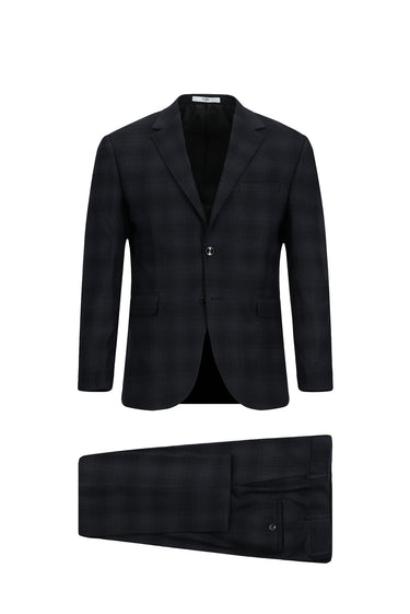 Siyah Slim Fit Dar Kesim Ekose Klasik Takım Elbise