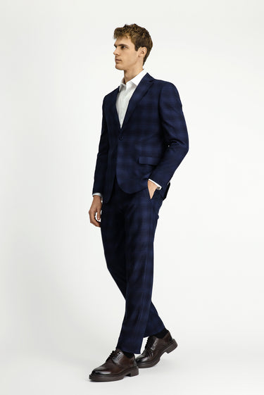 Koyu Lacivert Slim Fit Dar Kesim Ekose Klasik Takım Elbise