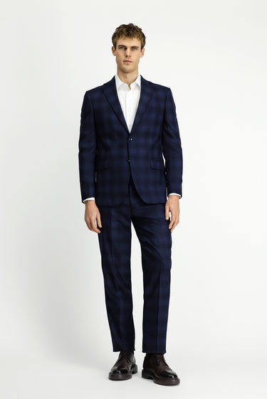 Koyu Lacivert Slim Fit Dar Kesim Ekose Klasik Takım Elbise