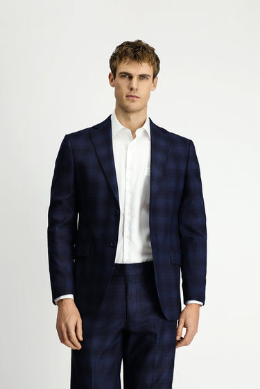Koyu Lacivert Regular Fit Ekose Klasik Takım Elbise
