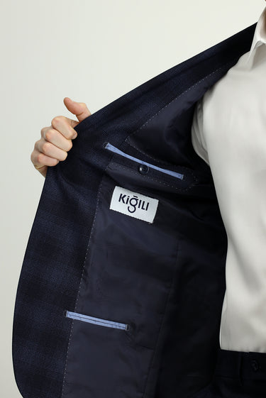 Koyu Lacivert Slim Fit Dar Kesim Ekose Klasik Takım Elbise
