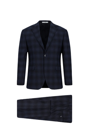 Koyu Lacivert Slim Fit Dar Kesim Ekose Klasik Takım Elbise