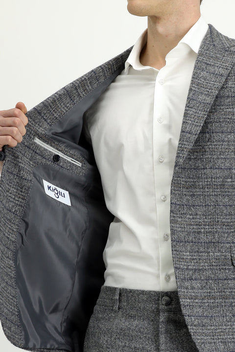 Medium Gray 6 Drop Regular Fit Standard Cut Elastic Waist Plaid Wool Combination Suit