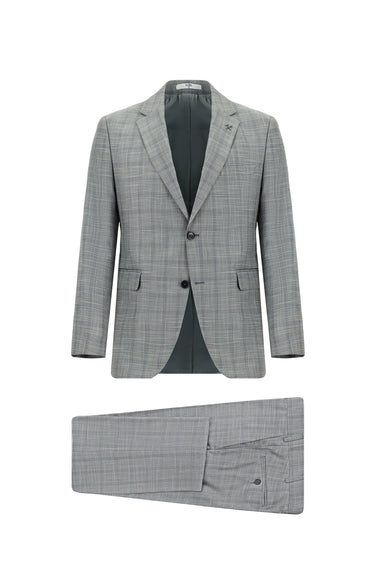 Orta Gri Slim Fit Dar Kesim Klasik Ekose Takım Elbise